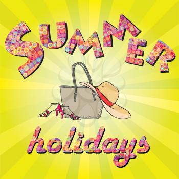 Hello summer background. Summer holidays cover with sun and ray beams. Hello summer greeting card.