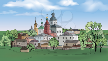 Old russian town landscape with church, hand drawn sketch vector illustration. Suzdal city. View of Suzdal cityscape. The Golden Ring of Russia.
