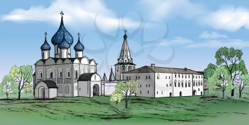 Old russian town landscape with church. Hand drawn sketch vector illustration of Suzdal Kremlin. View of Suzdal cityscape.