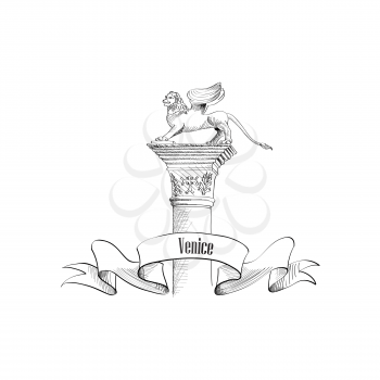 Venice citiy symbol Sa Marco on statue. Italian landmark label isolated over white background with copy space. Travel Italy set.