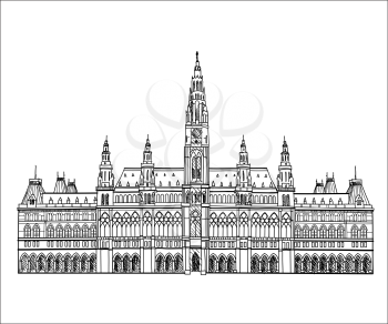 Austrian landmark. Town hall building in Vienna, Austria. Hand drawn sketch isolated on white background 