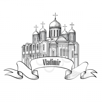 Dormition Cathedral in Vladimir city. Russian ancient city architectural landmark. Travel Russia engraving background.