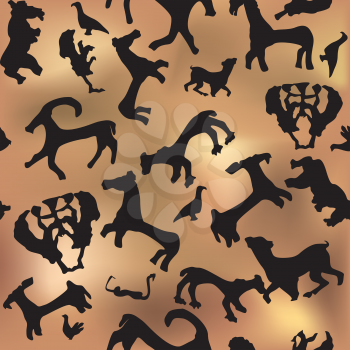 Ancient ornament seamless pattern Cave animals silhouette background