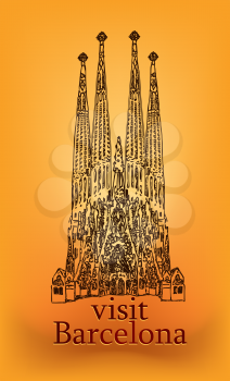 Barcelona famous cathedral. Landmark facade sketch. Travel Spain label.
