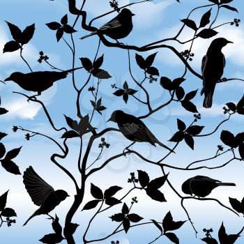 Birds silhouette on branch and leaf seamless background. Floral vector pattern. Vector ornamental illustration.