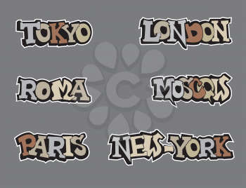 City tag set in graffiti style. Wold capital cities handwritten letterings
