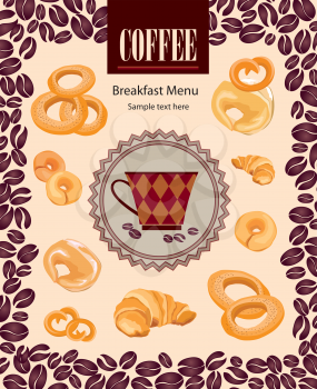 Coffee hot drink. Cafe card background. Coffee beans retro pattern.