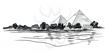 Egyptian Pyramids landscape. Pencil hand drawn vector illustration.