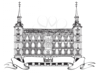 Madrid landmark label . Spain symbol. Madrid, house of Phillip III in Plaza Mayor, Sketch collection