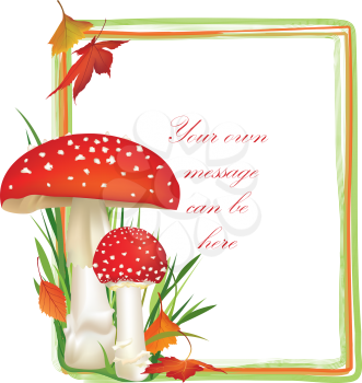Red poison mushroom. Autumn frame with copy space. Floral fall border isolated on white background.