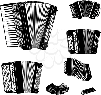 Music instruments vector set. Musical instrument silhouette on white background. Accordion family music equipment collection.