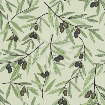 Olive seamless pattern. Hand drawn olive branch background. Old fashion olive decorative texture for label, pack.