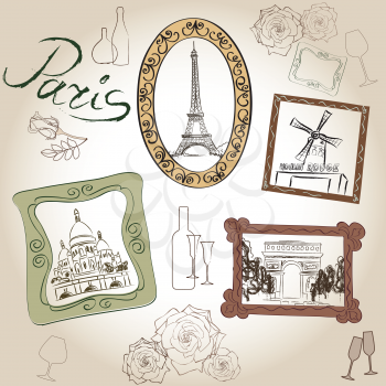 Paris city landmark Eiffel Tower and handwritten lettering PARIS pattern. Travel France famous place floral tile background