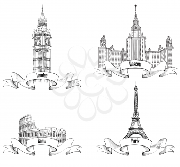 European cities symbols sketch: Paris (Eiffel Tower), London (Big Ben, Westminster Abbey, London), Rome (Colosseum), Moscow (Lomonosov Moscow State University).