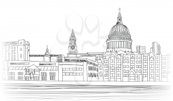 St Paul's Cathedral. London landscape with River Thames, England UK . Hand drawn pencil vector illustration.