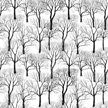 Nature seamless pattern. Forest tiled background. Trees and birds wildlife vector illustration. Floral black and white wallpaper