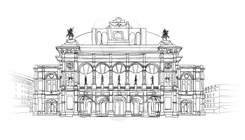 Vienna State Opera House, Austria. Wien Theater Wiener Staatsoper Building isolated. Architectural blueprint sketch.