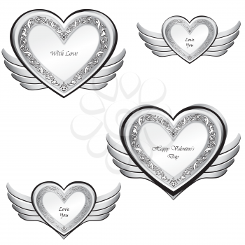 Silver Wing Heart Set. Love hearts pattern for Valentine's day holiday ornamental decor element. Good for greeting card design