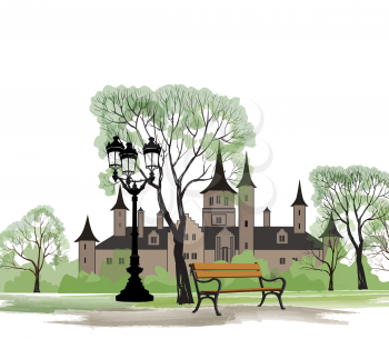 Cityscape of old european city. Castle with garden in spring. Bench in park and street lamp, spring landscape.