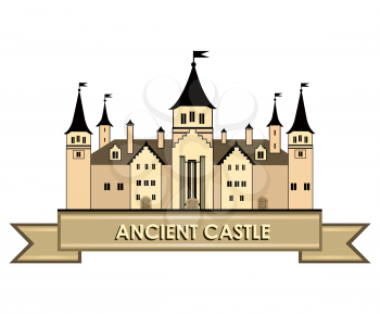 Famous German Castle Sign. Travel Landmark Background. Castle building with towers. Cartoon vector illustration.