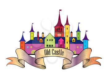 Famous German Castle Sign. Travel Landmark Background. Castle building with towers. Cartoon vector illustration.