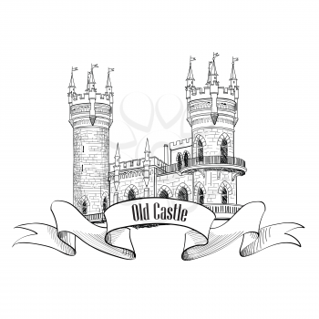 Famous German Castle Sign. Travel Landmark Background. Castle building with towers. Hand drawn engraving sketch vector illustration.