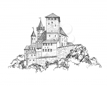 Ancient castle landscape engraving. Tower building sketch skyline