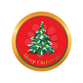 Christmas icon. Merry Christmas greeting card with fir tree and christmas decor ball on fir branch.