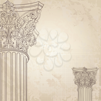 Classic columns seamless background. Roman corinthian column. Illustration onold paper background for design sketch 