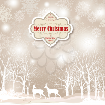 Snow winter landscape with two deers. Merry Christmas background with snowy winter forest. Christmas wallpaper with copy space. 