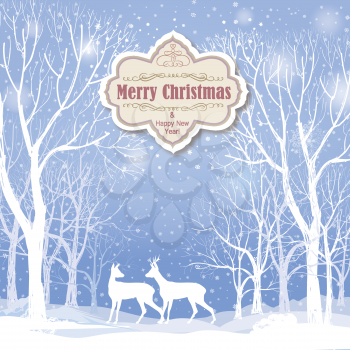 Christmas background. Snow winter landscape with deers.  Retro Merry Christmas greeting card.