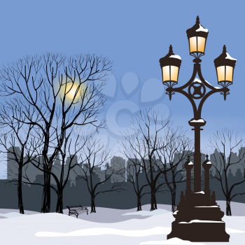 Christmas Winter Cityscape with luminous street lamp, snow flakes and trees. Old street light in city park snow alley.