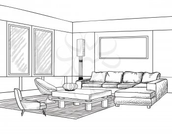 Interior outline sketch. Furniture blueprint.