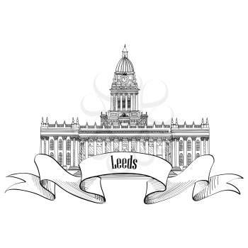 Travel England sign. Leeds Rathaus, UK, Great Britain. English city famous building. Vector label isolated.