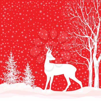 Christmas background. Snow winter landscape with deer.  Merry Christmas greeting card.