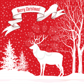 Christmas background. Snow winter landscape with deer and fir tree. Merry Christmas greeting card. 