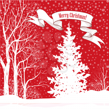 Christmas background. Snow winter landscape with fir tree. Merry Christmas greeting card. 