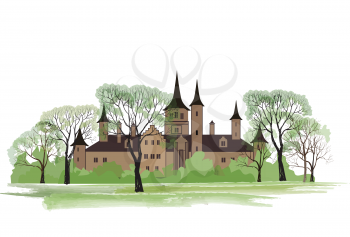 Old house in park. Spring landscape with ancient castle among trees.