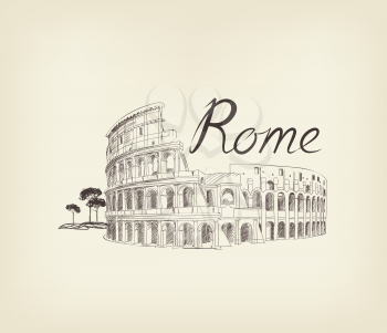 Rome famous place with lettering Travel Italy background. City landmark engraving sign