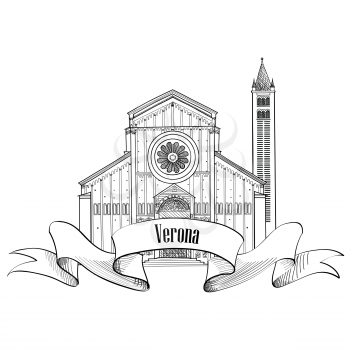 Verona city label. travel Italy icon. Famous italian building Church of San Zeno sketch. Sightseeing icon.