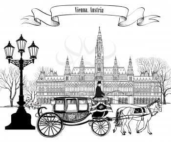 Wien city view with rathaus and carriage.  Vienna street. Travel Austria card.