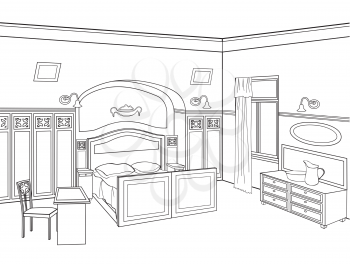 Bedroom furniture. Editable vector illustration of an outline sketch of a interior. Graphical hand drawing interior.