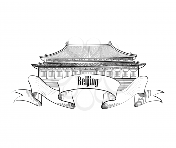 Beijing landmark. Gugong symbol. Travel China label. Forbidden city in Beijing. 
