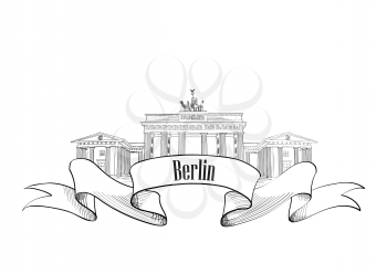 Berlin label. Travel Germany symbol. Famous german architectural landmark Brandenburg gates.