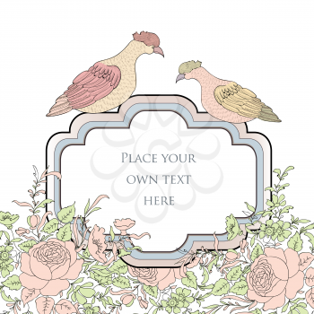 Frame. Floral spring card. Birds and  flowers on white background