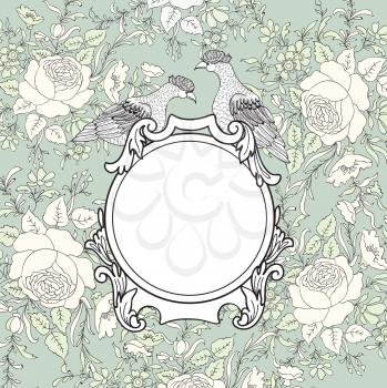 Frame over flower background. Veniette border with bird. Decorative card with floral pattern.