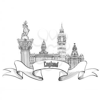 England label. Famous english architectural landmarks symbol. Visit UK. Travel Europe  banner.