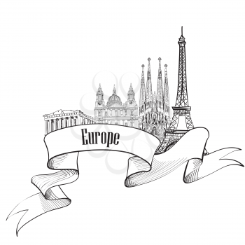 Travel Europe label. Famous buildings and landmarks. Eouropean capital city emblem. 