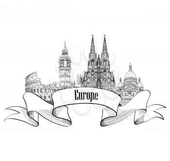 Travel Europe label. Famous buildings and landmarks. European capital city emblem.