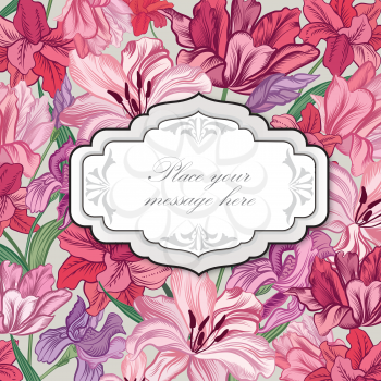 Floral border. Flower bouquet background. Vintage flourish spring card or cover.